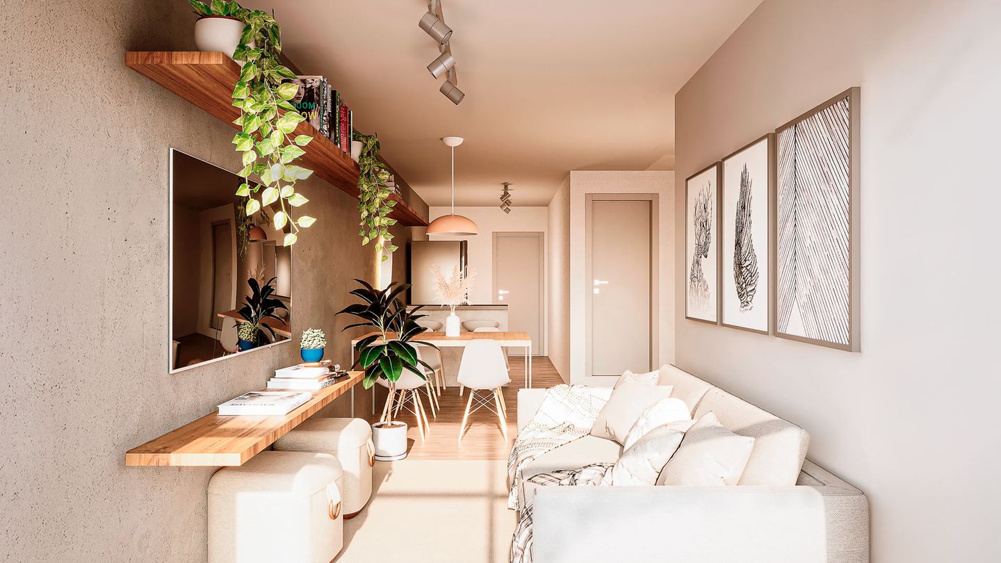Sala de estar integrada à sala de jantar, com marcenaria planejada