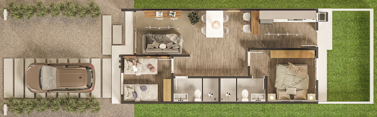 Planta baixa ilustrativa da unidade do Oásis Prime, mobiliada, com vaga coberta, living, cozinha, três quartos e quintal