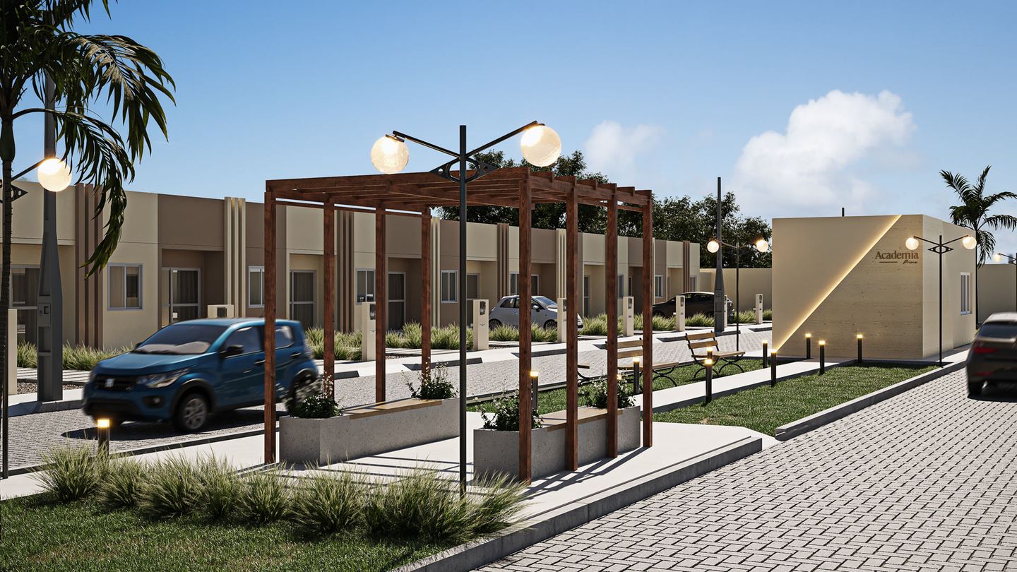Alameda interna do Oásis Prime com pergolados de madeira e casas térreas