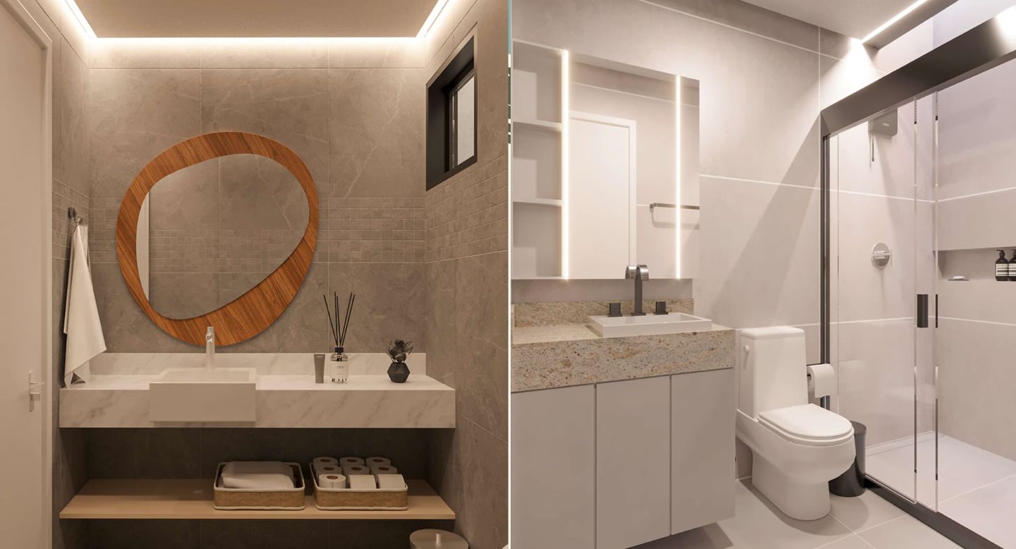 Lavabo e banheiro social com box de vidro