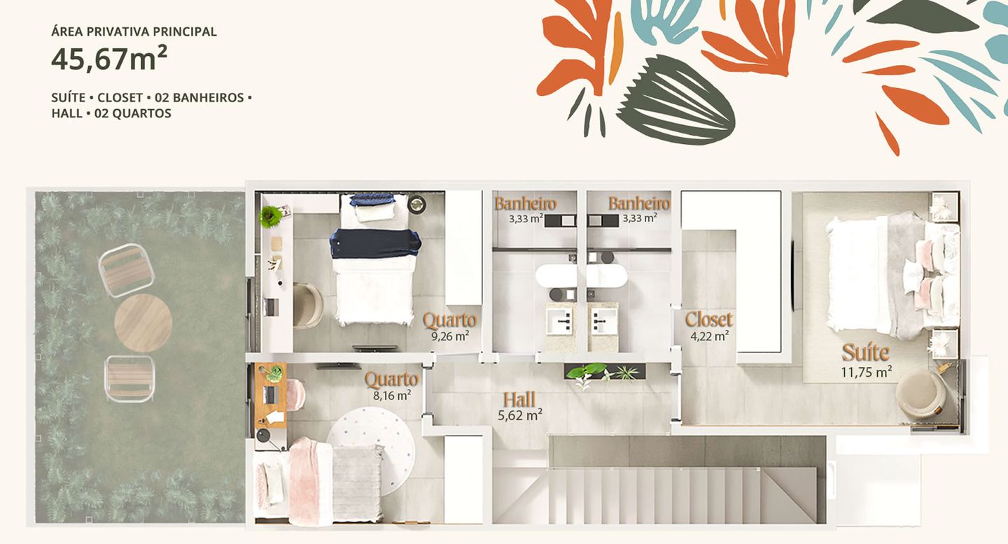 Planta baixa do segundo pavimento do Oásis Village, com suíte, closet, dois quartos, dois banheiros e hall