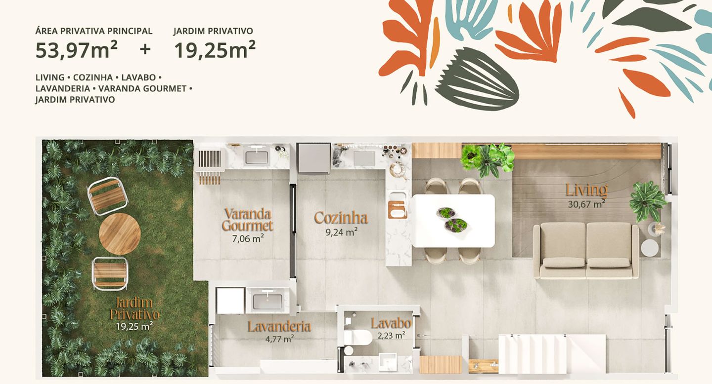 Planta baixa do térreo do Oásis Village, com living, cozinha, lavabo, lavanderia, varanda gourmet e jardim privativo