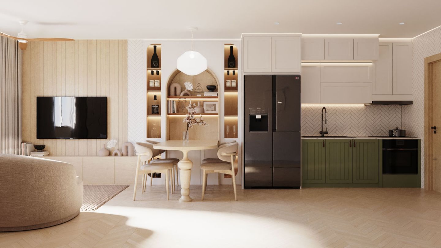 Sala de estar, jantar e cozinha integradas, decoradas em tons claros