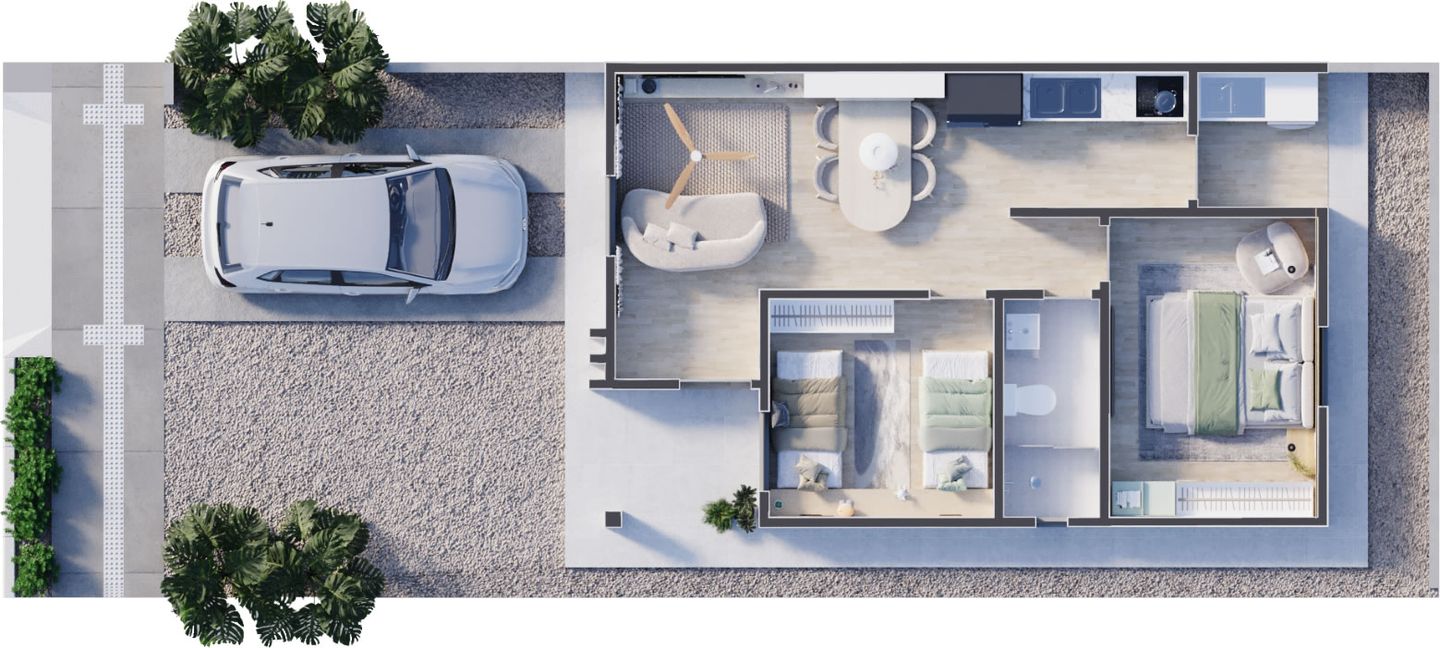Planta baixa ilustrativa da unidade do Vila Oásis, mobiliada, com vaga descoberta, living, cozinha, dois quartos e suíte