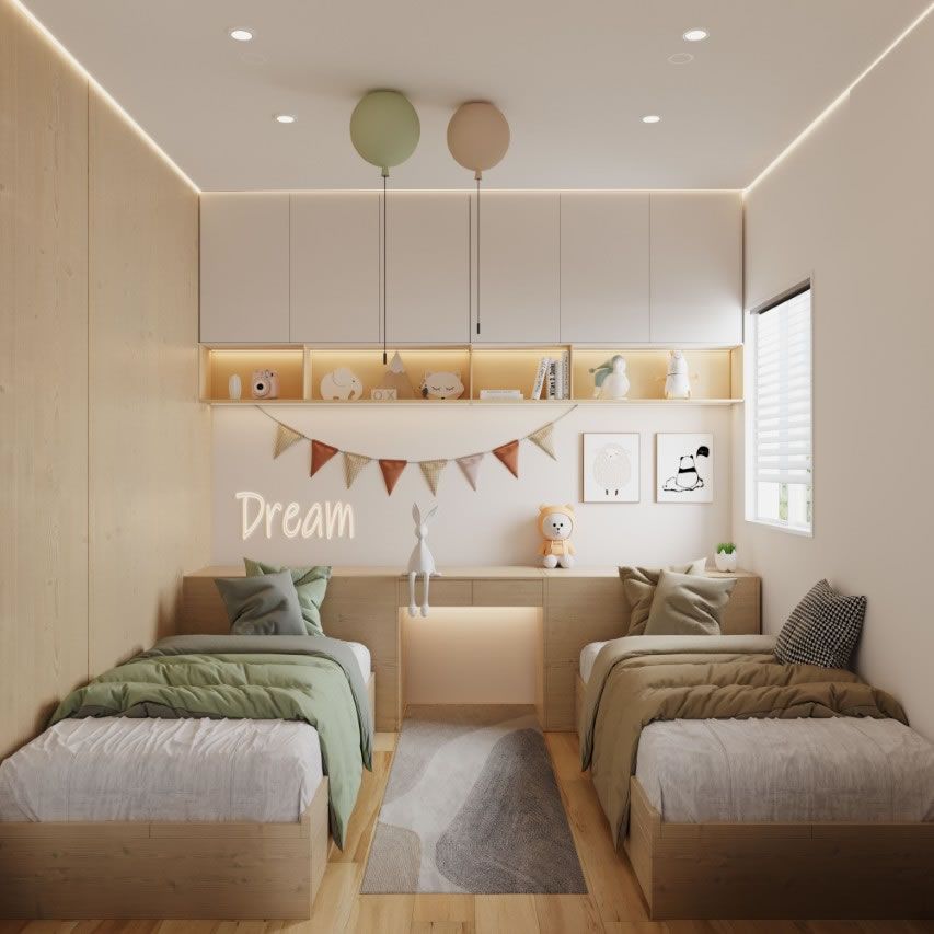 Quarto infantil decorado, com duas camas